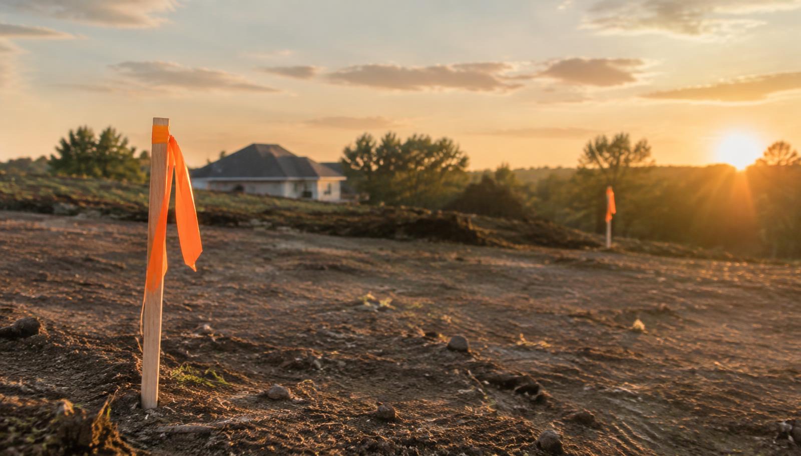 Surveyor stakes on a cleared residential lot at golden hour